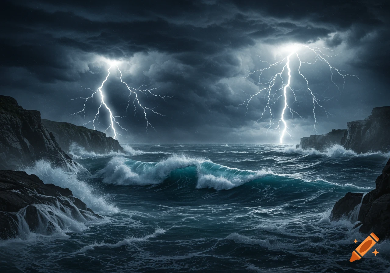 A dramatic photorealistic image of a stormy sea with crashing waves against rocky cliffs under a dark, cloudy sky, with two powerful lightning strikes.