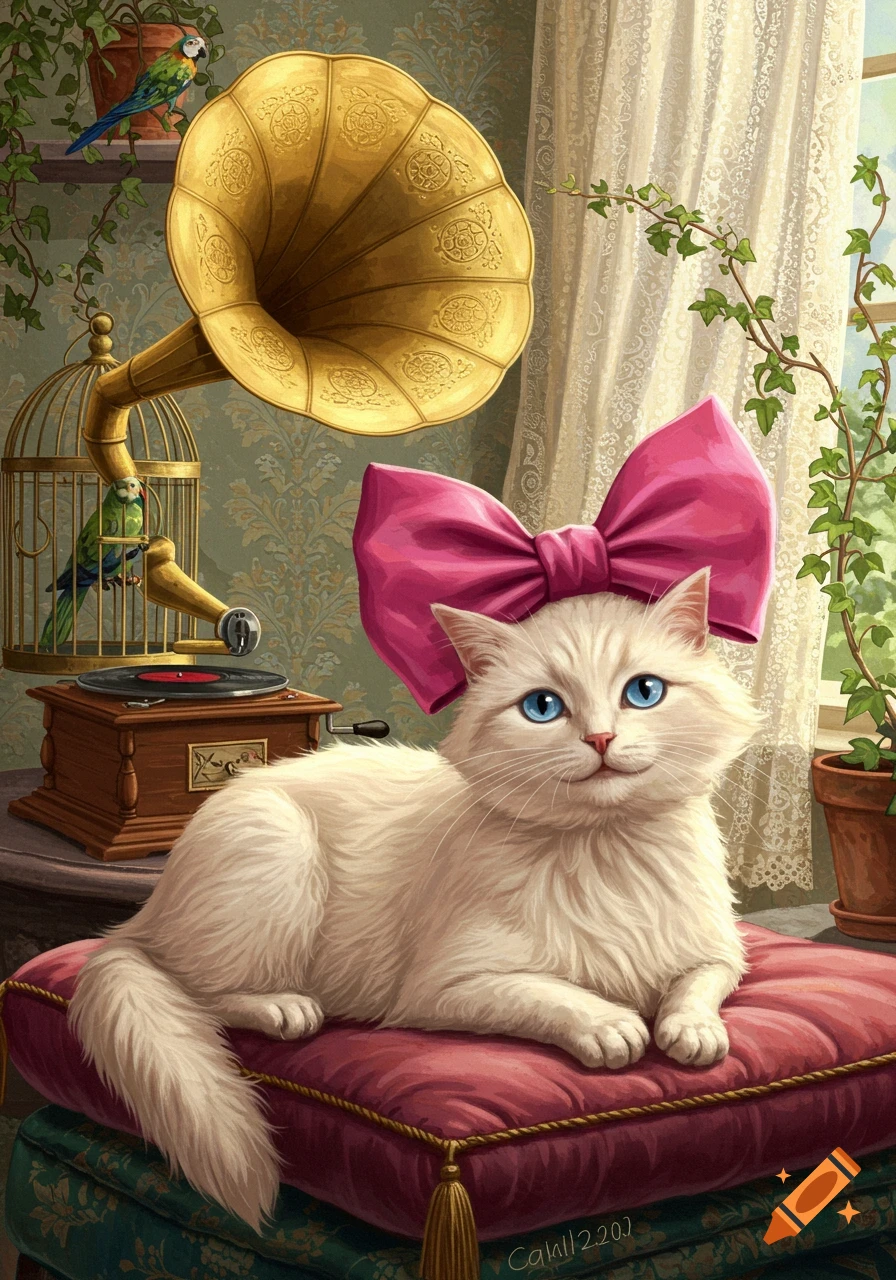 A fluffy white cat with blue eyes and a pink bow rests on a red pillow. A gramophone, caged birds, and plants fill the room.