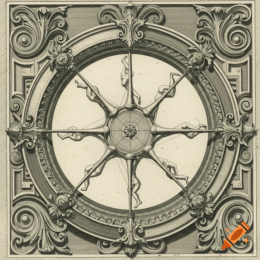 Ornate classical engraving with nude figures forming spokes of a central wheel, surrounded by decorative borders.