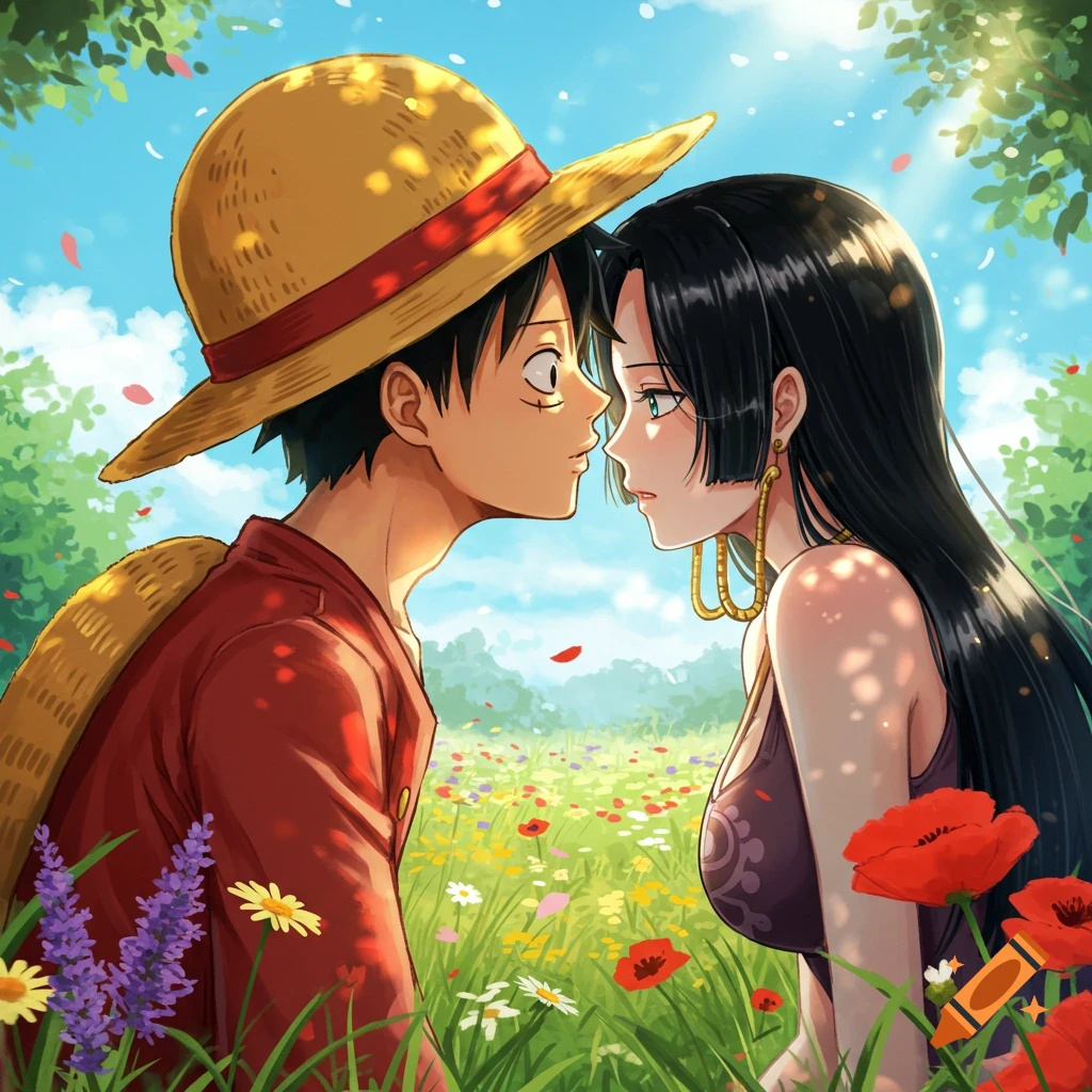 Luffy and Boa Hancock gaze intently at each other in a vibrant, sunlit meadow filled with colorful flowers, in an anime style.