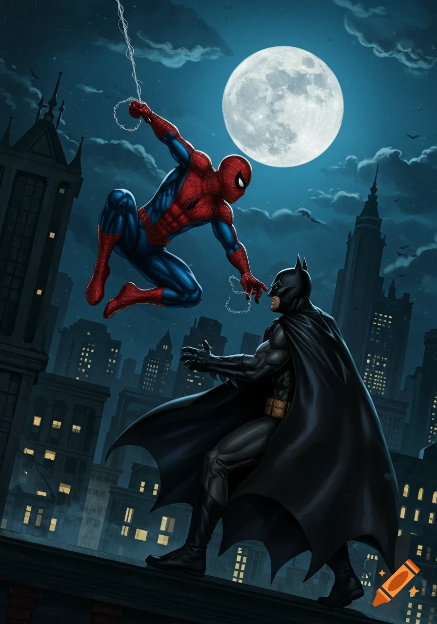 Spider-Man leaps towards Batman on a Gotham City rooftop under a full moon at night, in a dynamic comic book illustration.
