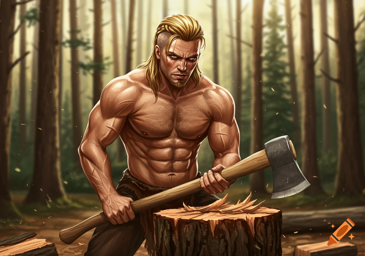 Muscular blonde man with a scar and different colored eyes chopping wood with an axe in a forest, in an illustrative style.