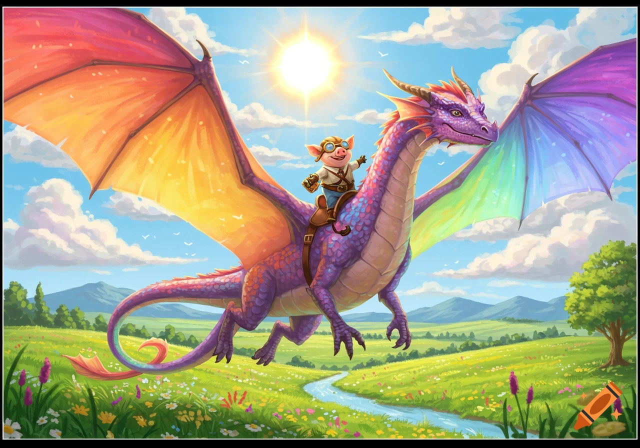 A purple and rainbow dragon with a pig riding on its back flies over a sunny, green field with flowers and a river.