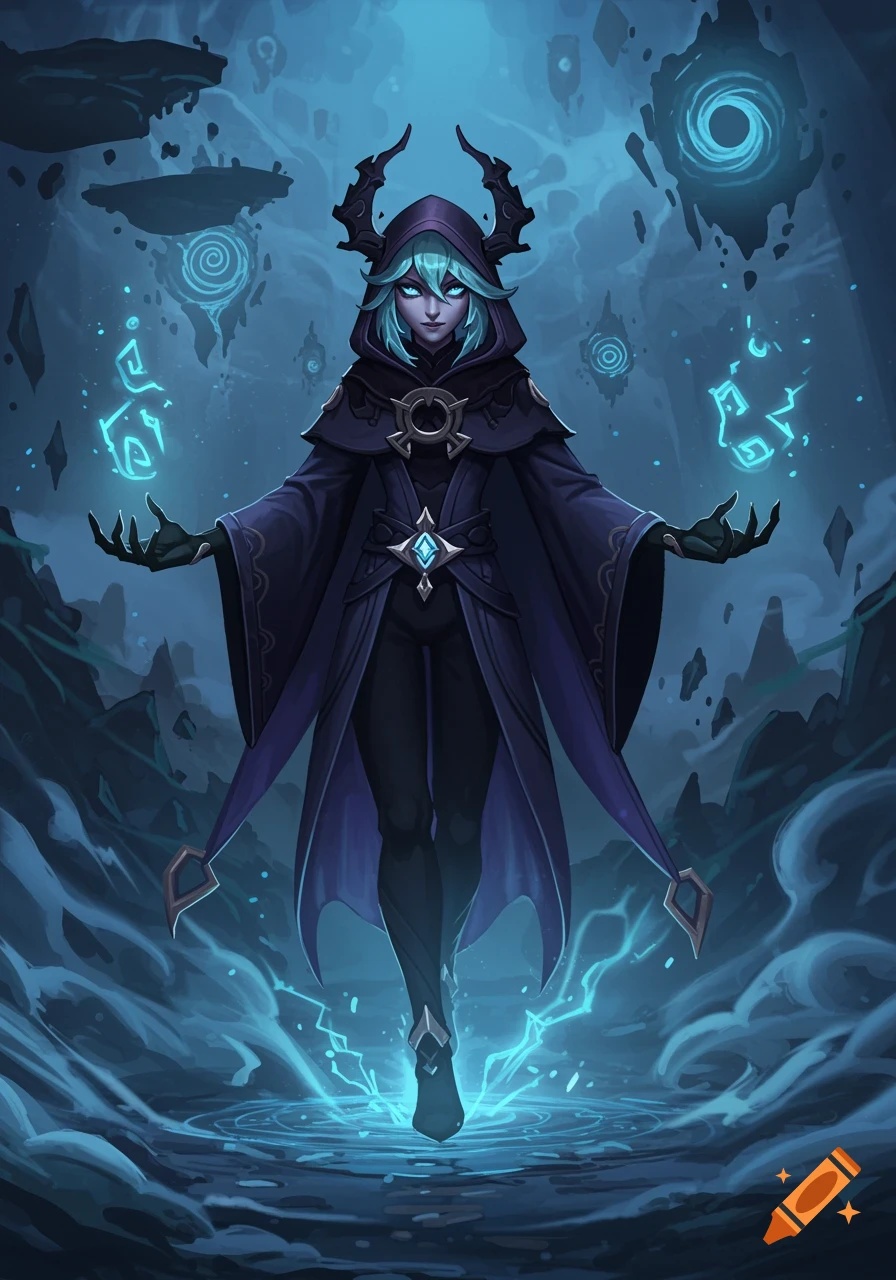A hooded fantasy character with glowing blue eyes and turquoise hair, wearing a dark cloak and black clothing, levitating with blue magic.