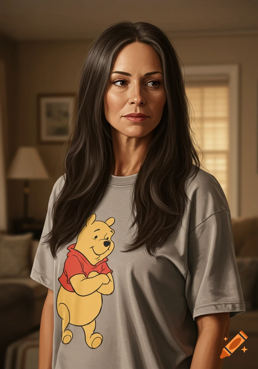 A photorealistic portrait of a middle-aged woman with long dark hair wearing a gray t-shirt with Winnie the Pooh, indoors.