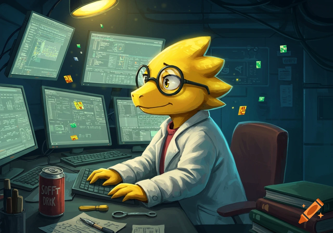 Alphys, a yellow lizard-like character in a lab coat and glasses, works at a computer desk surrounded by multiple monitors, typing.