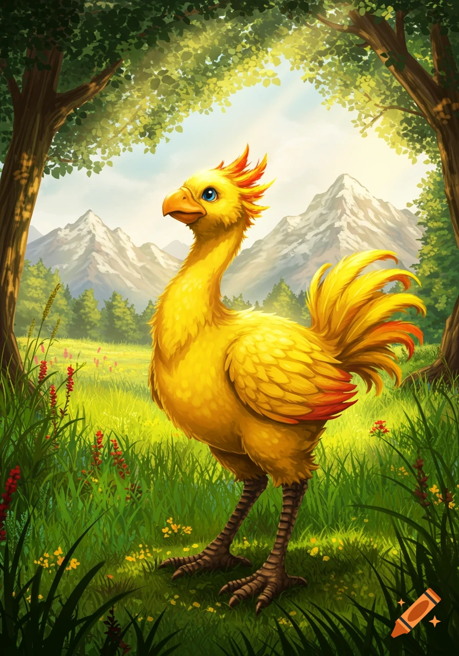 A vibrant yellow Chocobo stands in a lush green field with trees and snow-capped mountains under a bright sky.