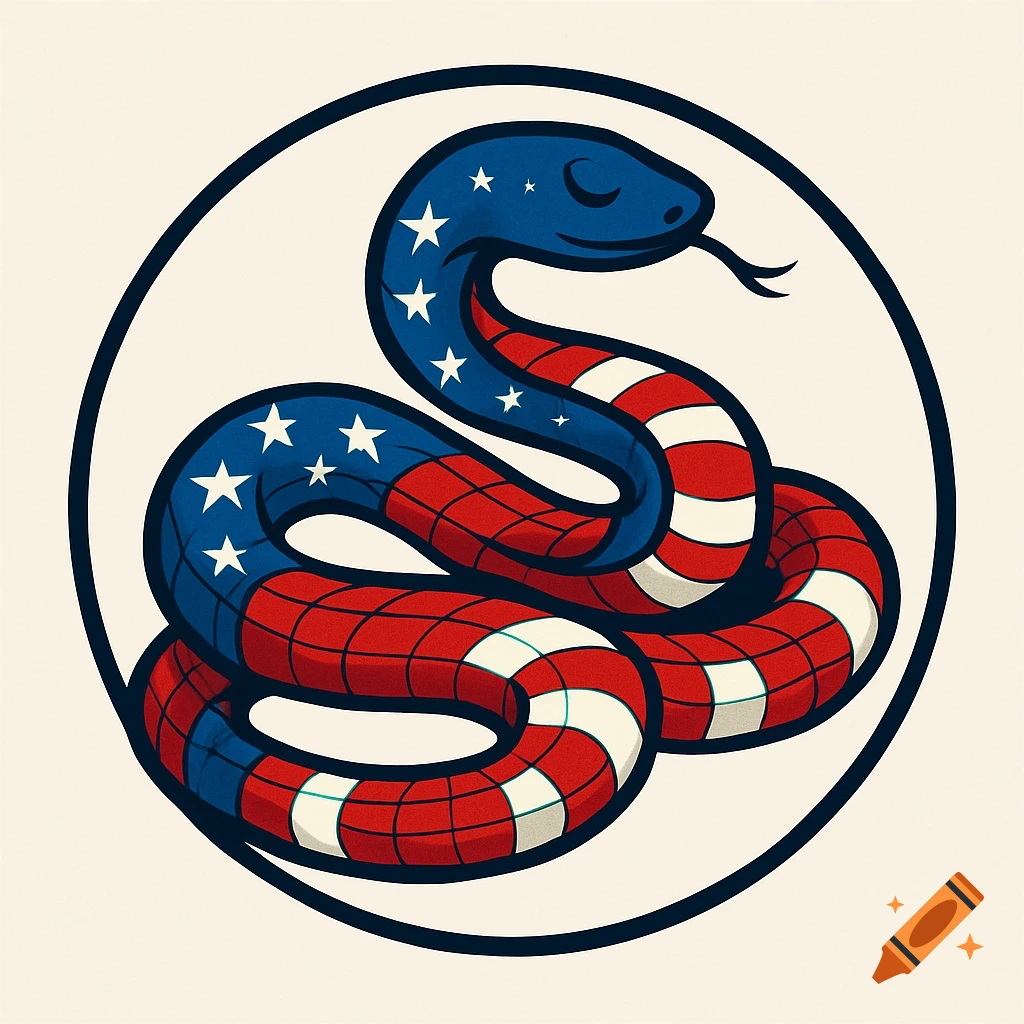 A stylized illustration of a coiled snake with an American flag pattern inside a black circle.
