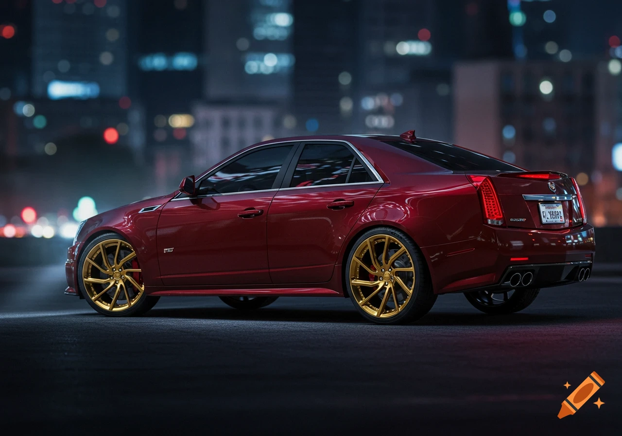 Red Cadillac CTS-V sedan with gold rims parked on an asphalt surface at night, with city lights in the blurred background.