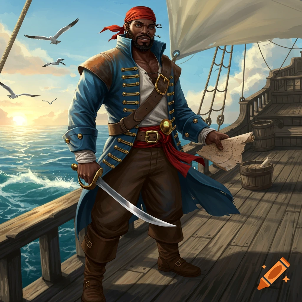 A muscular Black pirate with a red bandana and blue coat stands on a ship deck at sunset, holding a sword and a map.