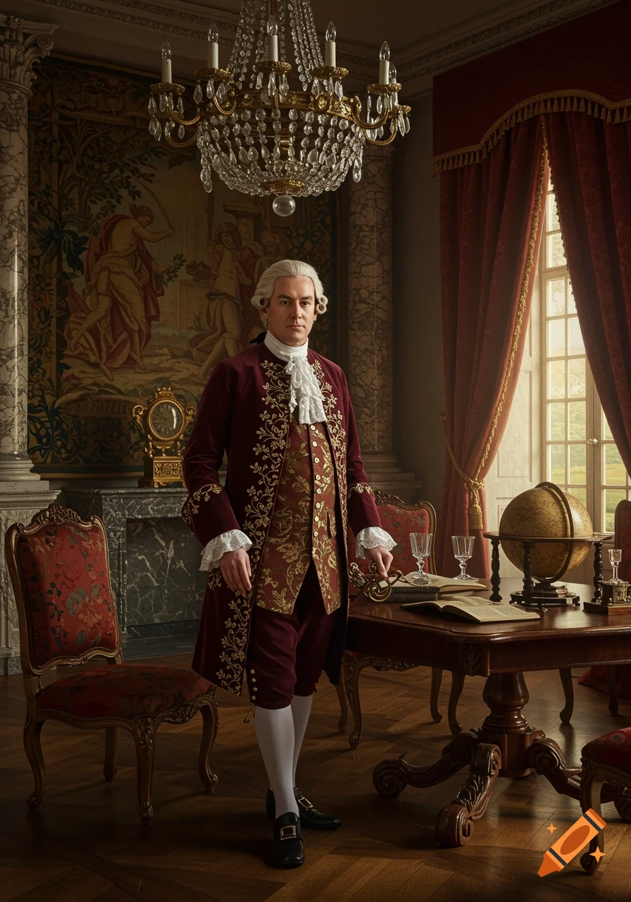 A man in a red velvet 18th-century suit and white wig stands in an opulent room with a chandelier and tapestry.