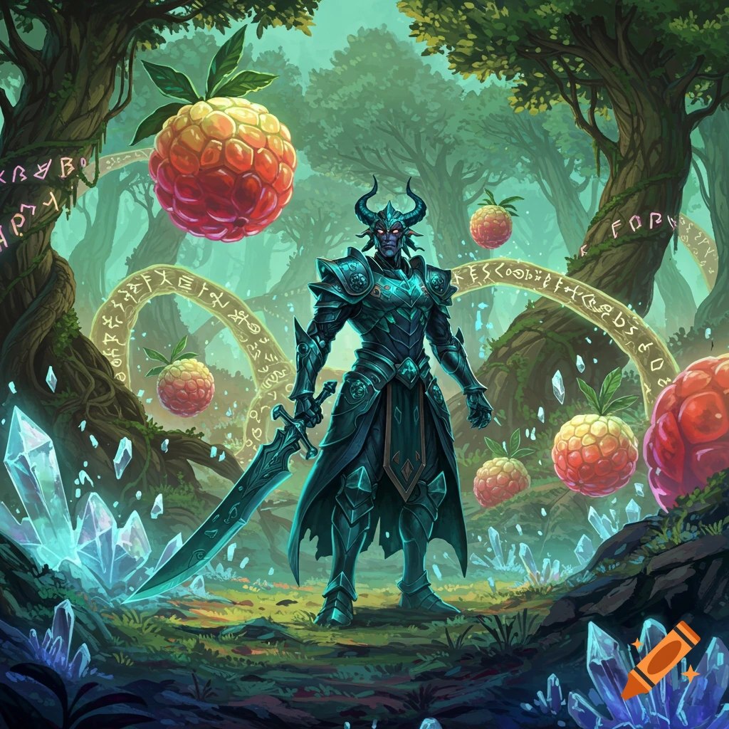 A horned warrior in dark teal armor stands in a magical forest with glowing crystals and giant red raspberries, surrounded by floating arcane runes.