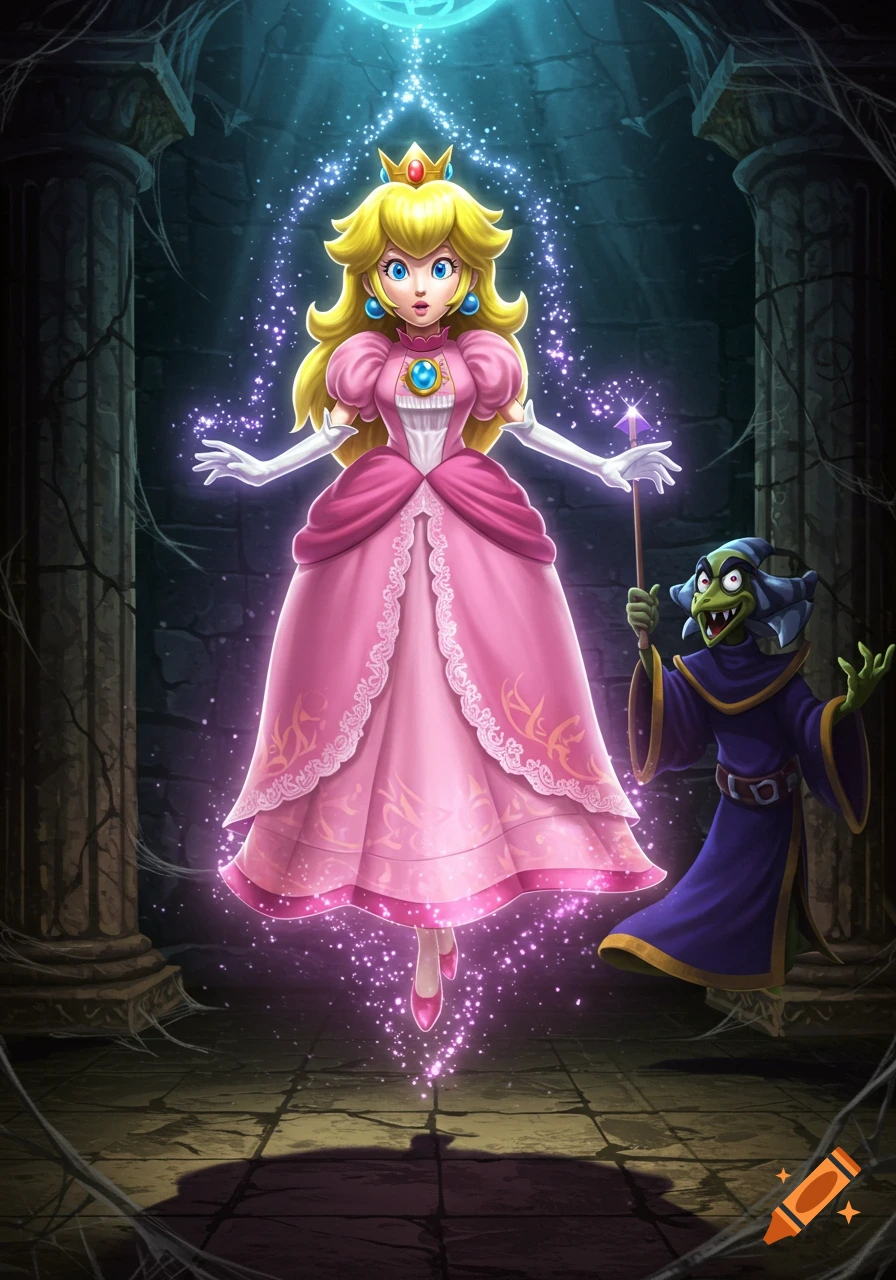 Princess Peach floats with magical glow in a dark dungeon as Kamek watches, holding a wand. Stylized illustration.