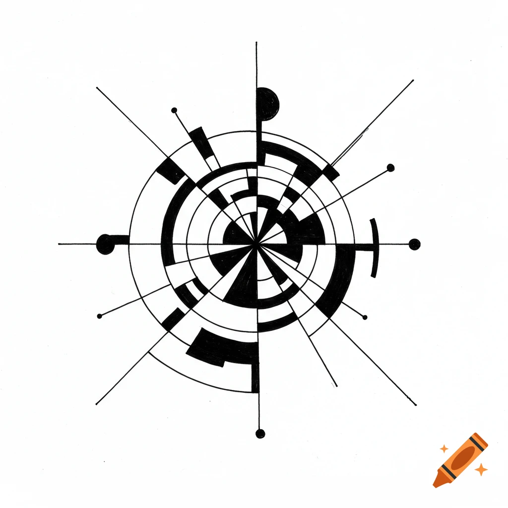 A black and white abstract geometric design with concentric circles and radial lines, featuring solid black and white segments.