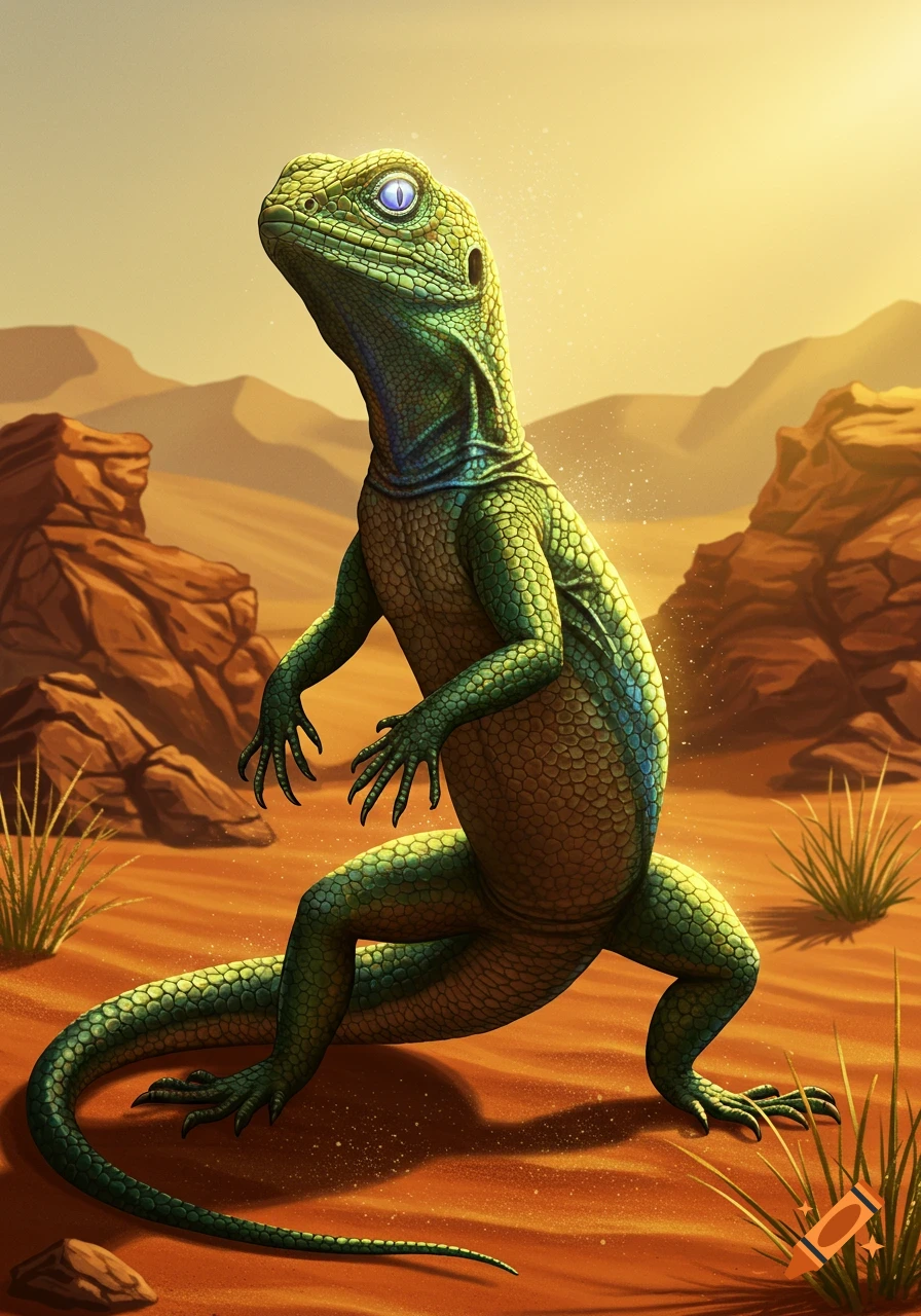 A green lizard with striking blue eyes stands upright on reddish-orange sand in a desert landscape under a bright, warm sky.