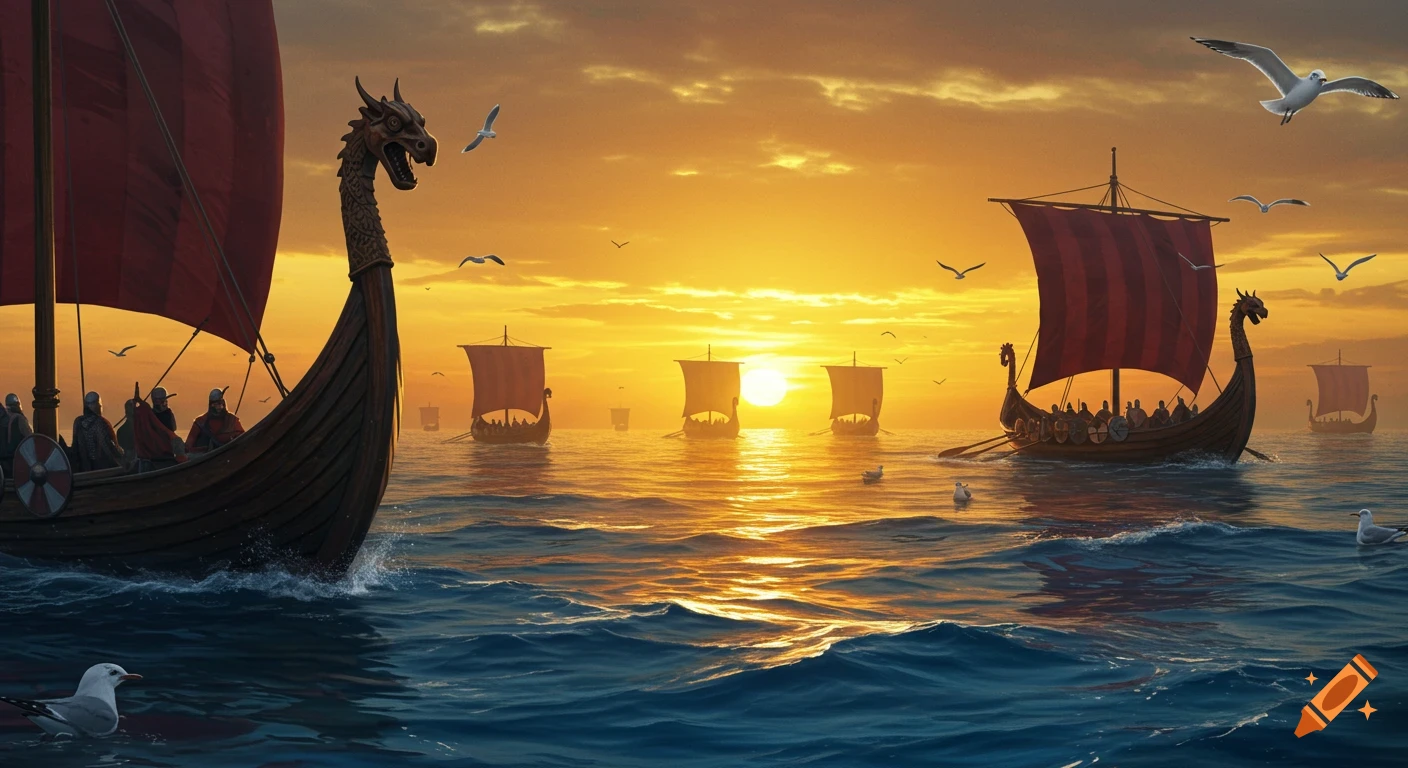 Viking longships with red sails sailing on a calm ocean at sunset, with a vibrant orange sky and seagulls.