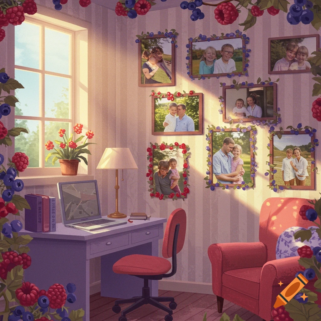 A warm, sunlit office room with striped wallpaper and berry vines. A desk with books and a laptop sits near a window, and multiple framed family photos adorned with berries hang on the wall. A red armchair is in the foreground.