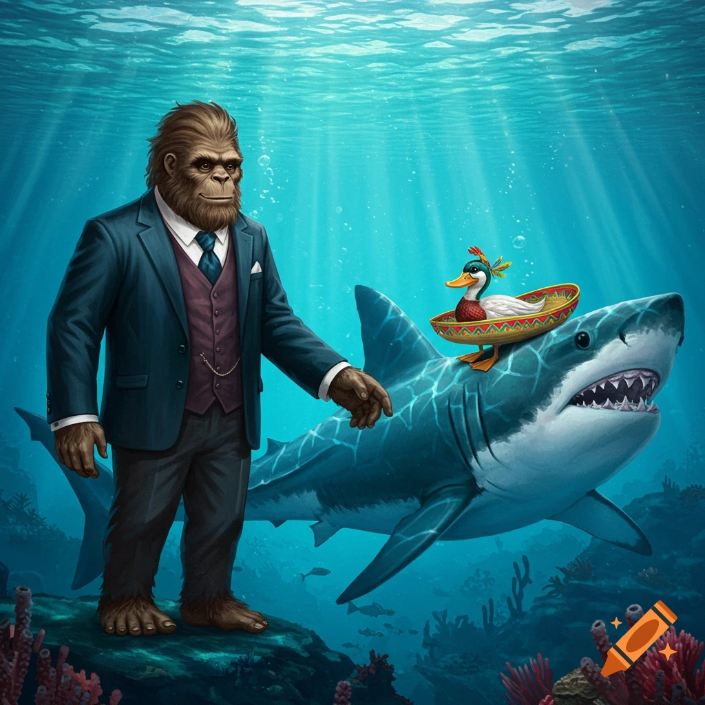 A smartly dressed Sasquatch stands underwater with a shark, which has a duck wearing a sombrero on its back.