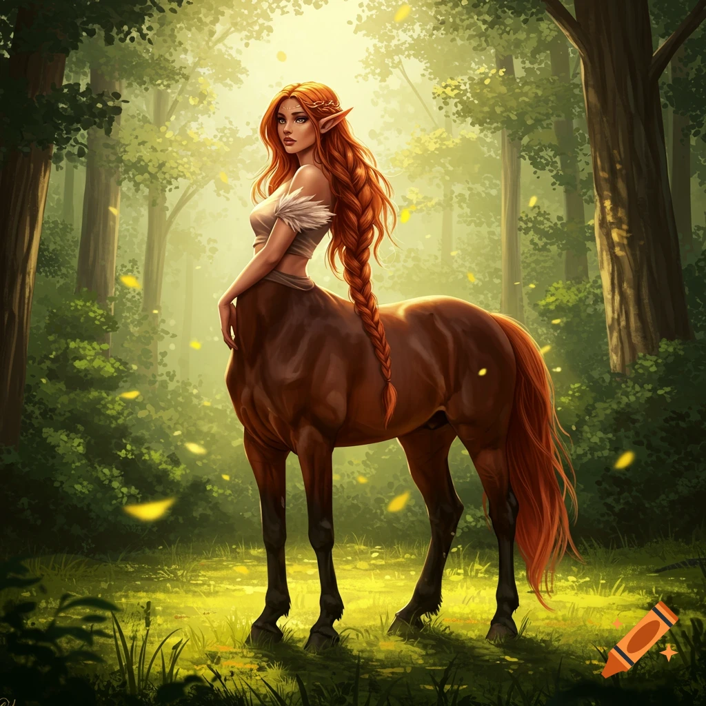 A female centaur with long, braided reddish-brown hair and an elegant crop top stands in a sunlit, enchanted forest with glowing particles.