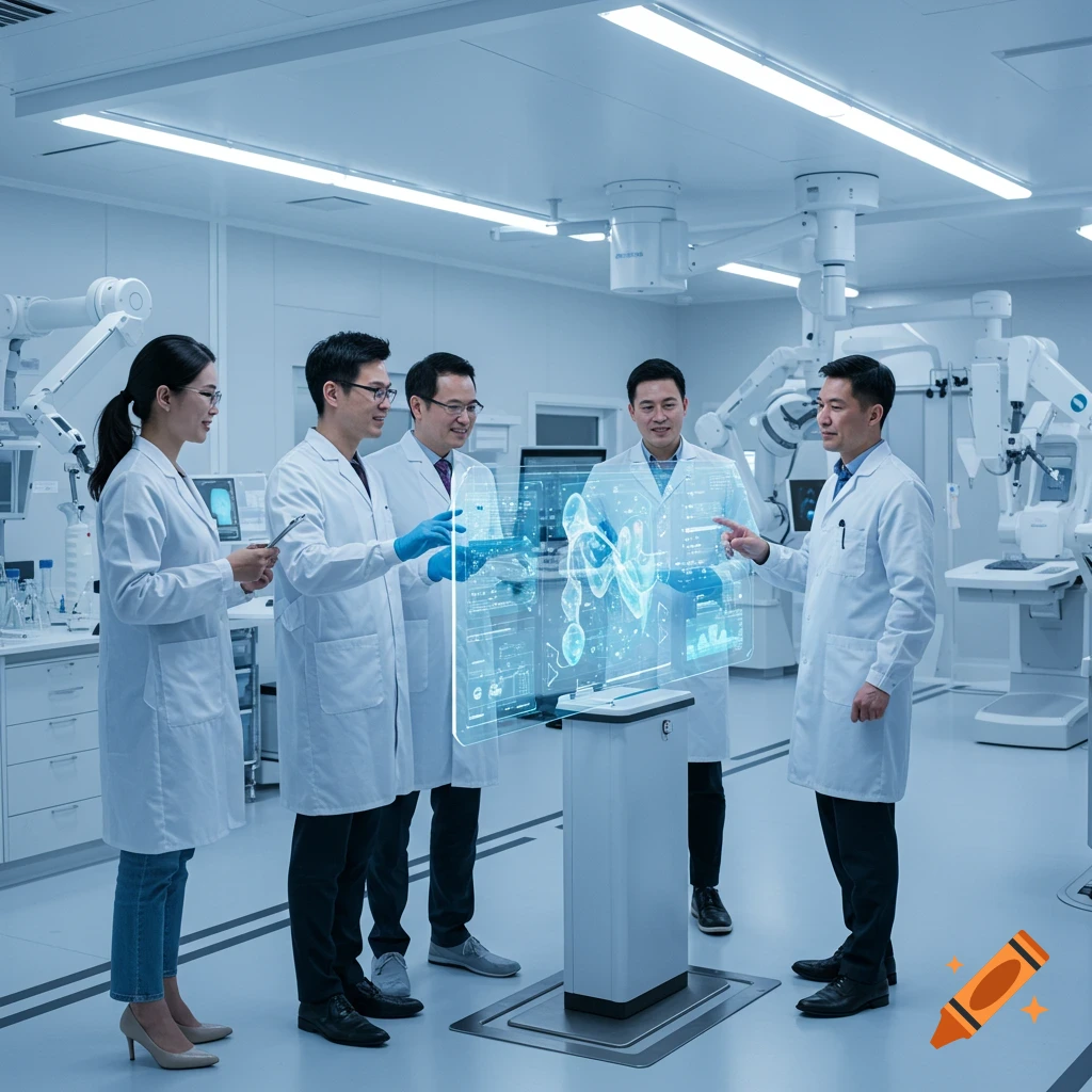 Four scientists in lab coats examine a holographic display showing anatomical data in a modern, well-lit laboratory.