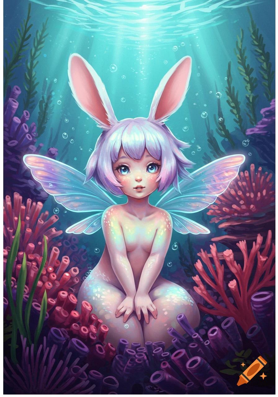 A cute anime-style fantasy creature with bunny ears and fairy wings sits among colorful coral and seaweed underwater.