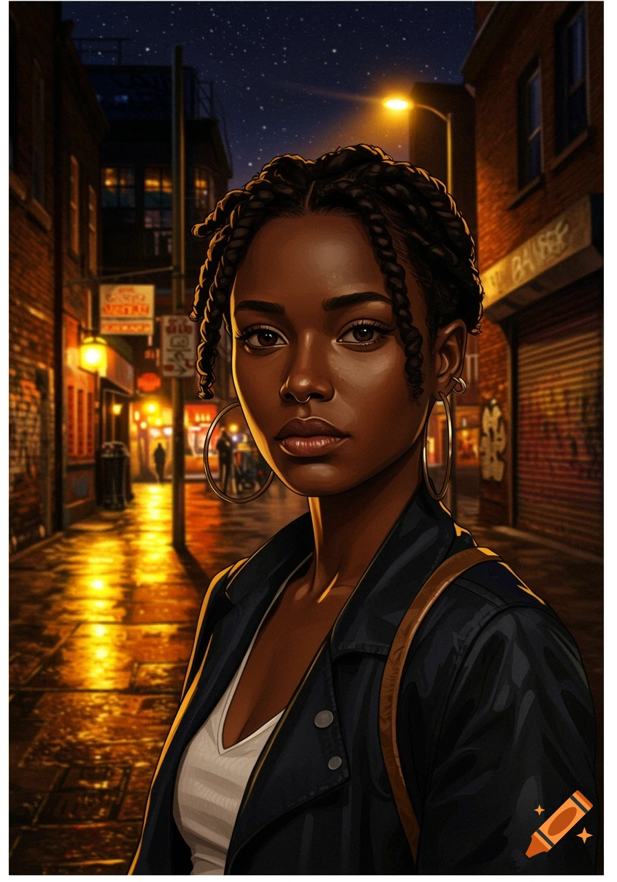 Stylized digital portrait of a young Black woman with braided hair and hoop earrings, standing in a dimly lit city alley at night with reflections on the wet ground.