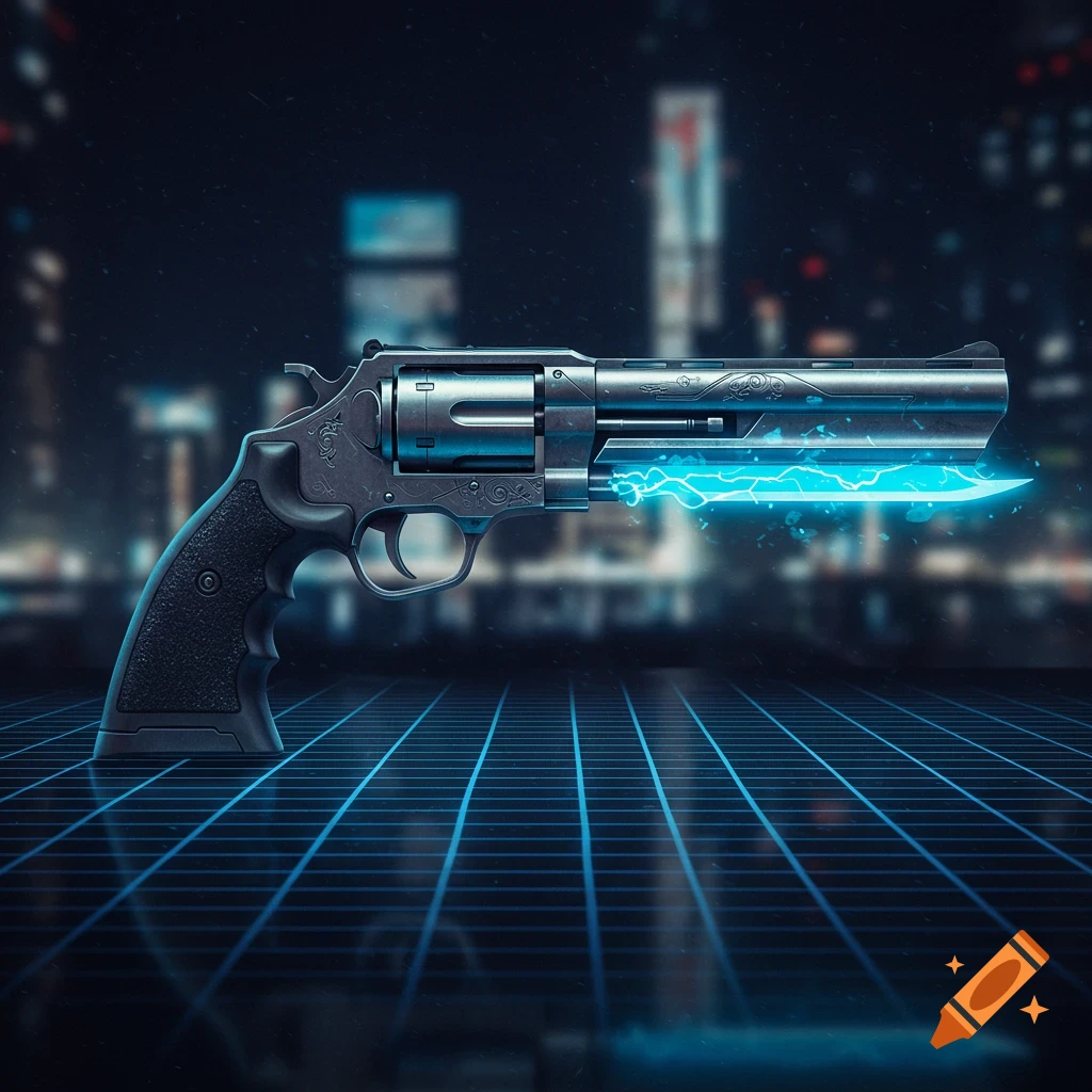 A futuristic revolver with a glowing blue energy blade on a neon grid, set against a blurred dark city night.
