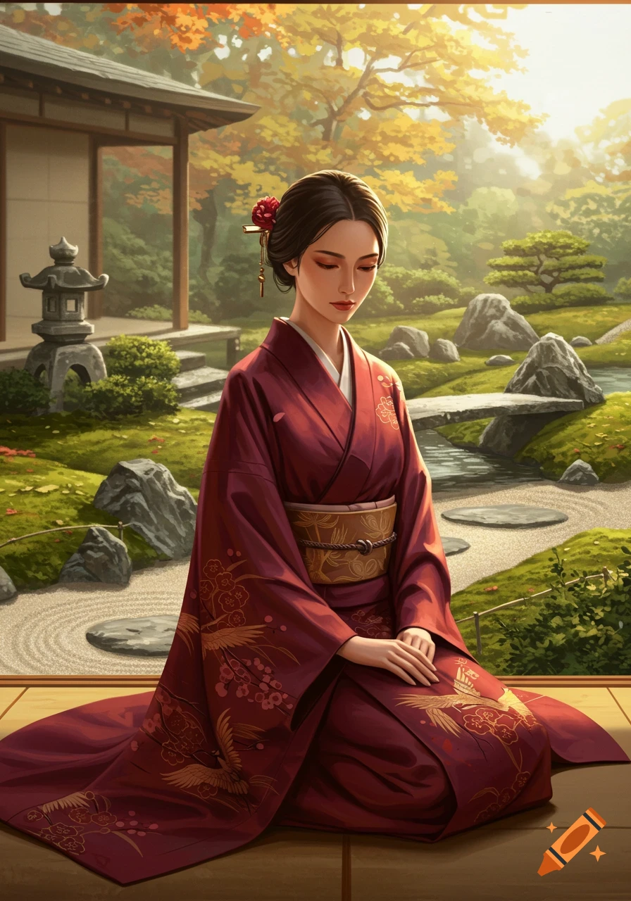 飾り絵　kimono woman Girls in kimono with light blue - Stock Illustration