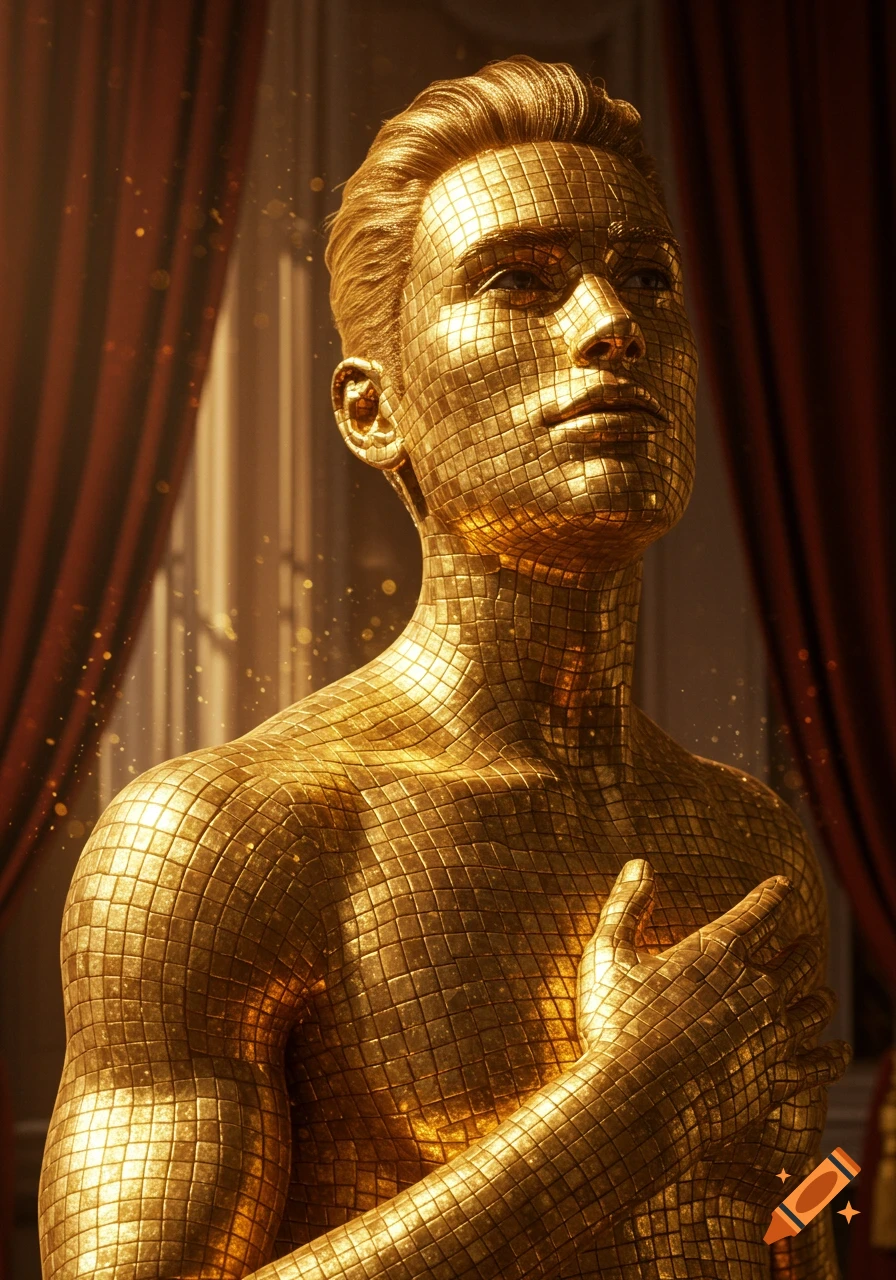Close-up of a golden statue-like man with tiled skin, looking up with his hand on his chest, against red curtains.