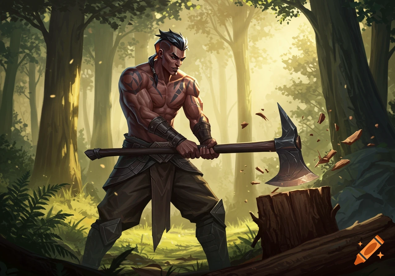 Muscular man with tattoos and an axe chopping wood in a sunlit forest, digital art.