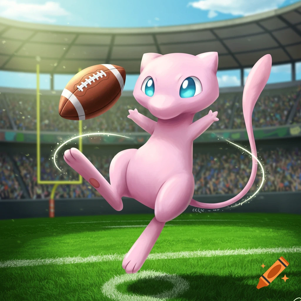 Pink Pok Emon Mew kicks an American football in a stadium with green grass and goalposts.