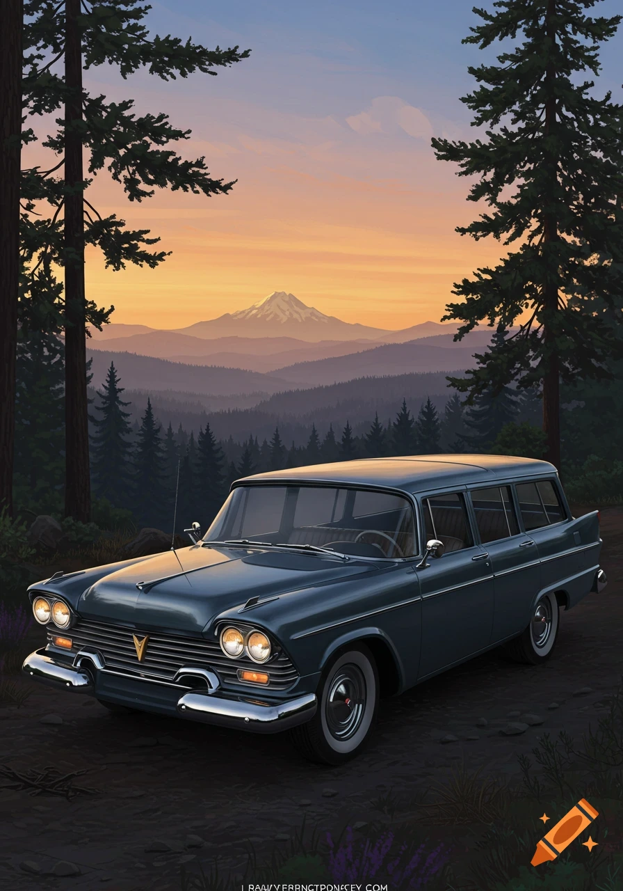 A vintage dark blue station wagon parked on a dirt road, with tall pine trees, misty mountains, and a sunset sky in the background.
