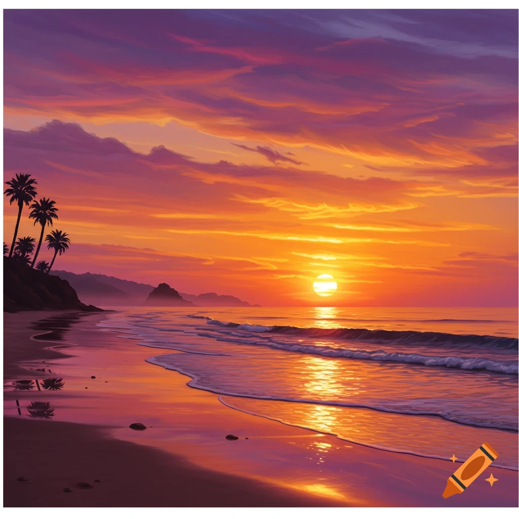 Vibrant sunset over a sandy beach with crashing waves and silhouetted palm trees.