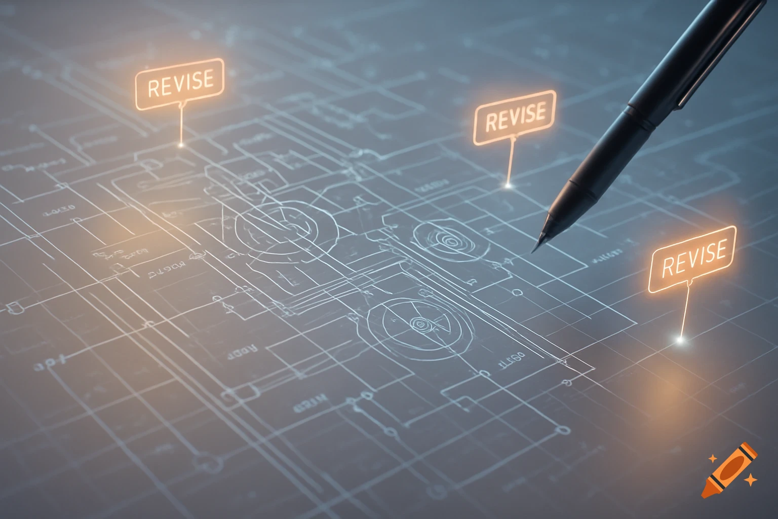 A pen hovers over a glowing schematic diagram with three illuminated "REVISE" markers.