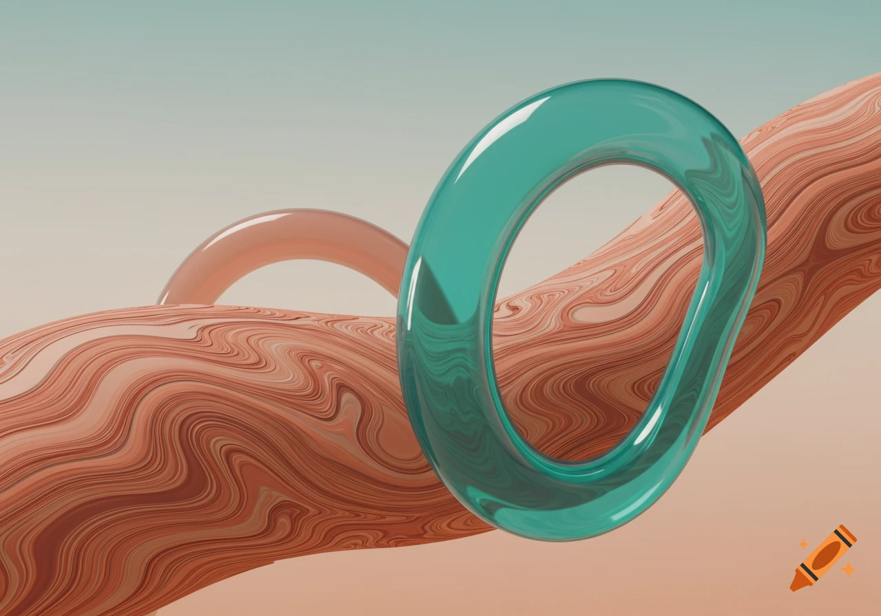 An abstract 3D render featuring a teal glass torus and a wavy, peach-marbled form against a soft gradient background.