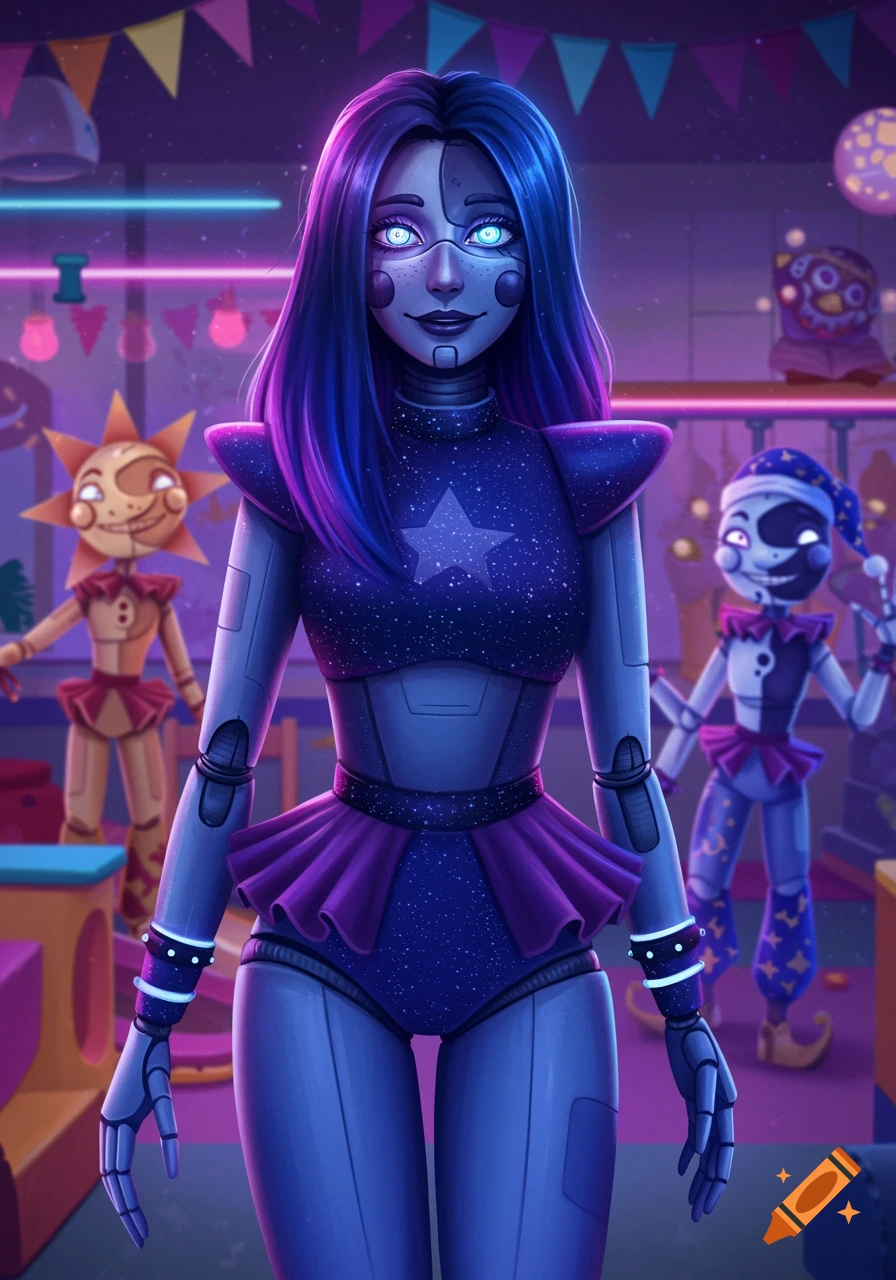 Female animatronic with purple-blue hair and starry bodysuit stands in a neon-lit daycare with other animatronics.