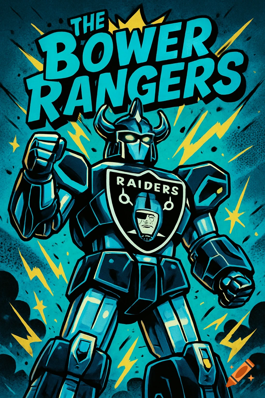 A cartoon black and blue robot with glowing eyes and a Raiders logo shield on its chest, with 'THE BOWER RANGERS' text above, on a teal background with lightning bolts.