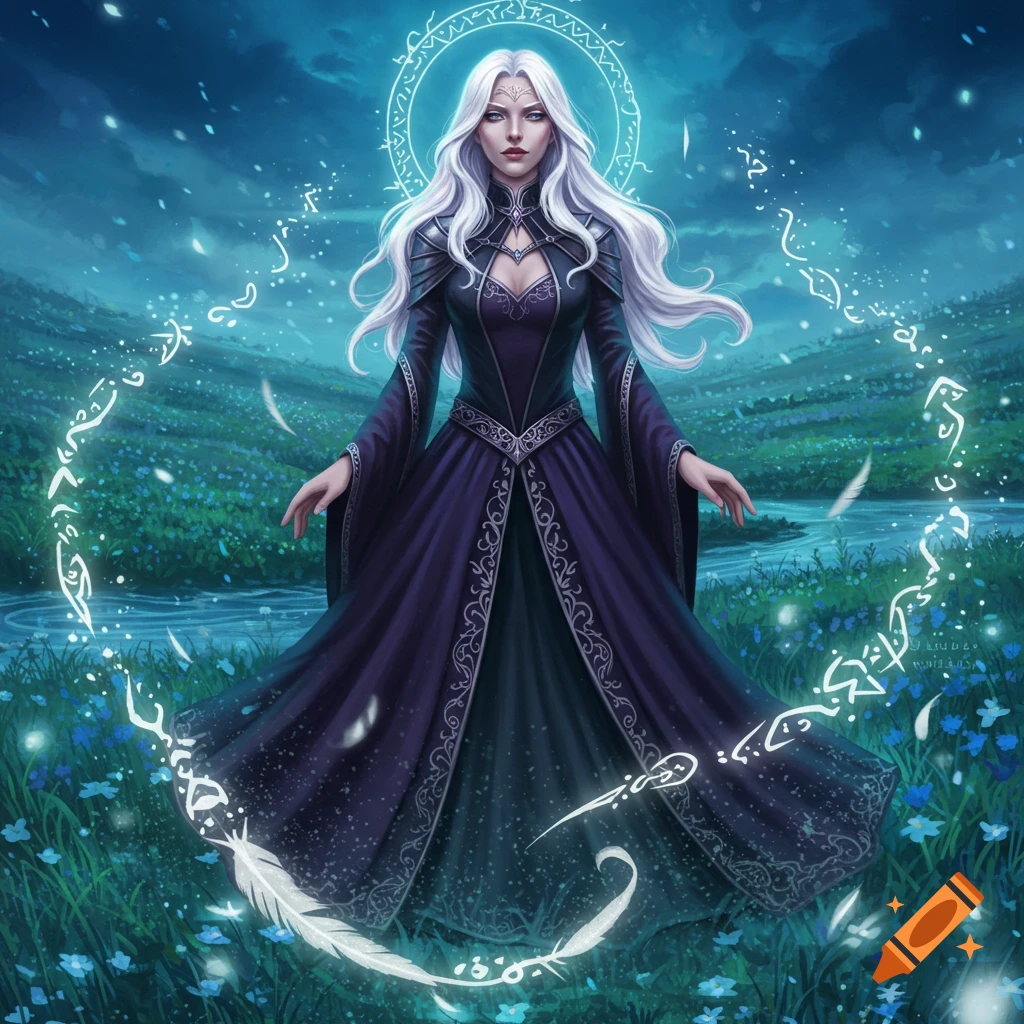 A white-haired fantasy sorceress in a purple dress stands in a field of blue flowers, surrounded by glowing magical runes and feathers.