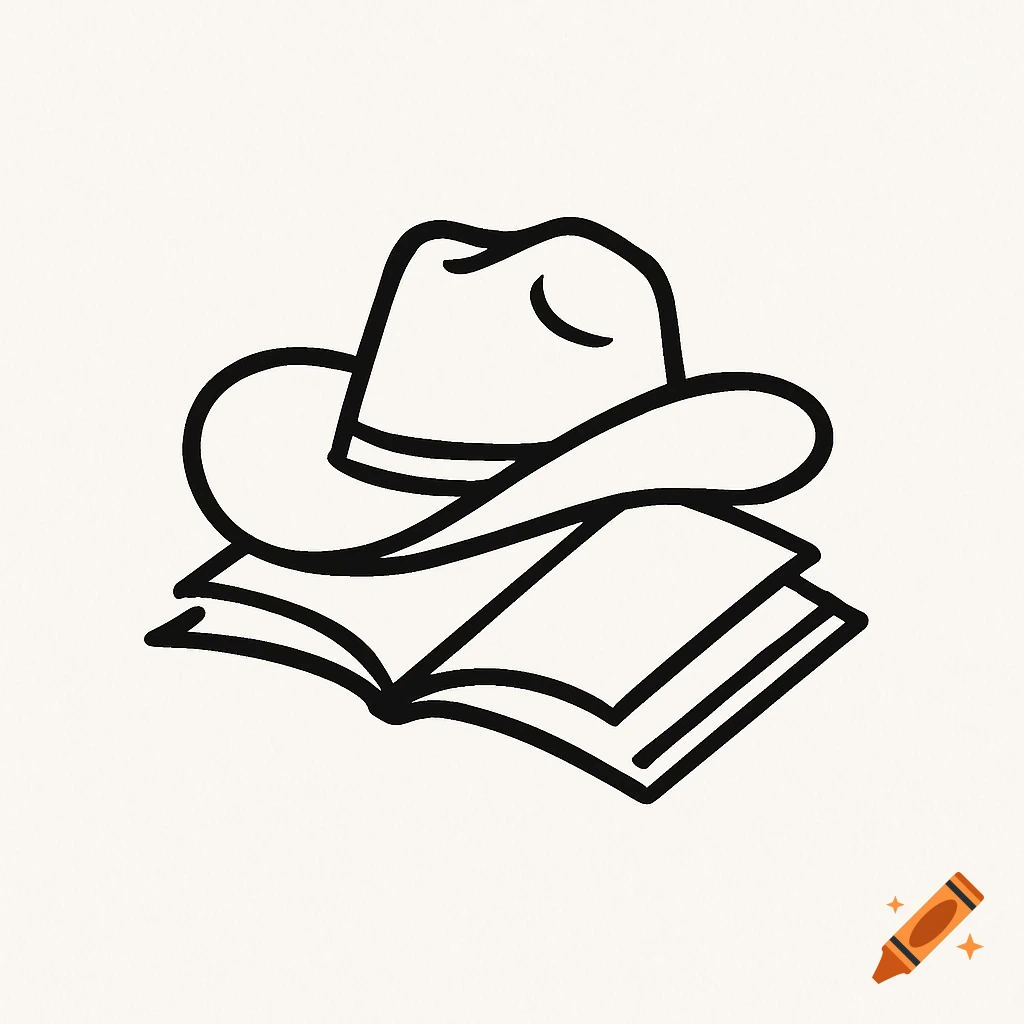 A black and white line drawing of a cowboy hat resting on an open book.