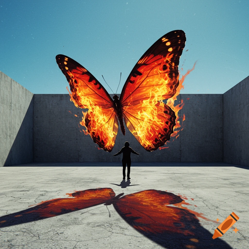 A silhouetted figure stands in a concrete room looking up at a giant butterfly with fiery wings. A burning butterfly shadow is cast on the ground.