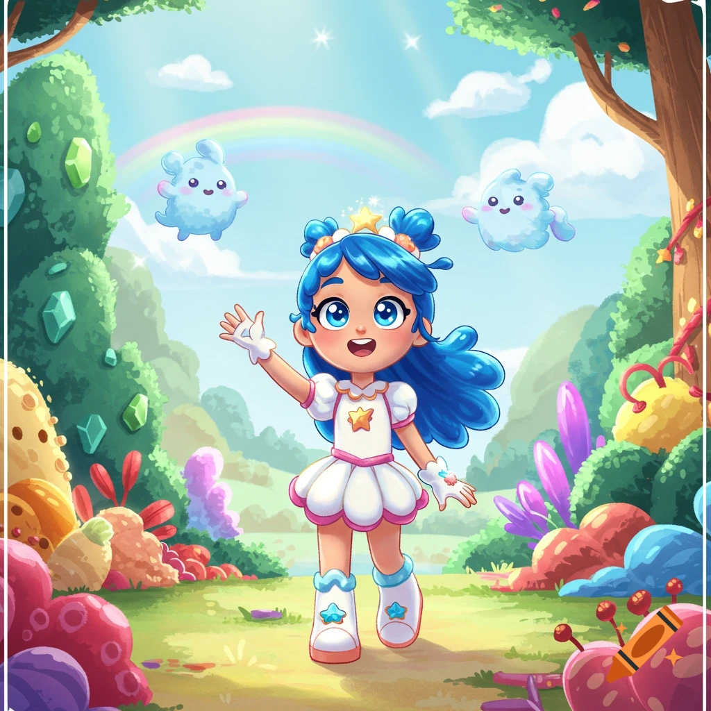 A vibrant cartoon of a blue-haired girl in a white dress waving in a colorful fantasy kingdom with a rainbow and floating creatures.