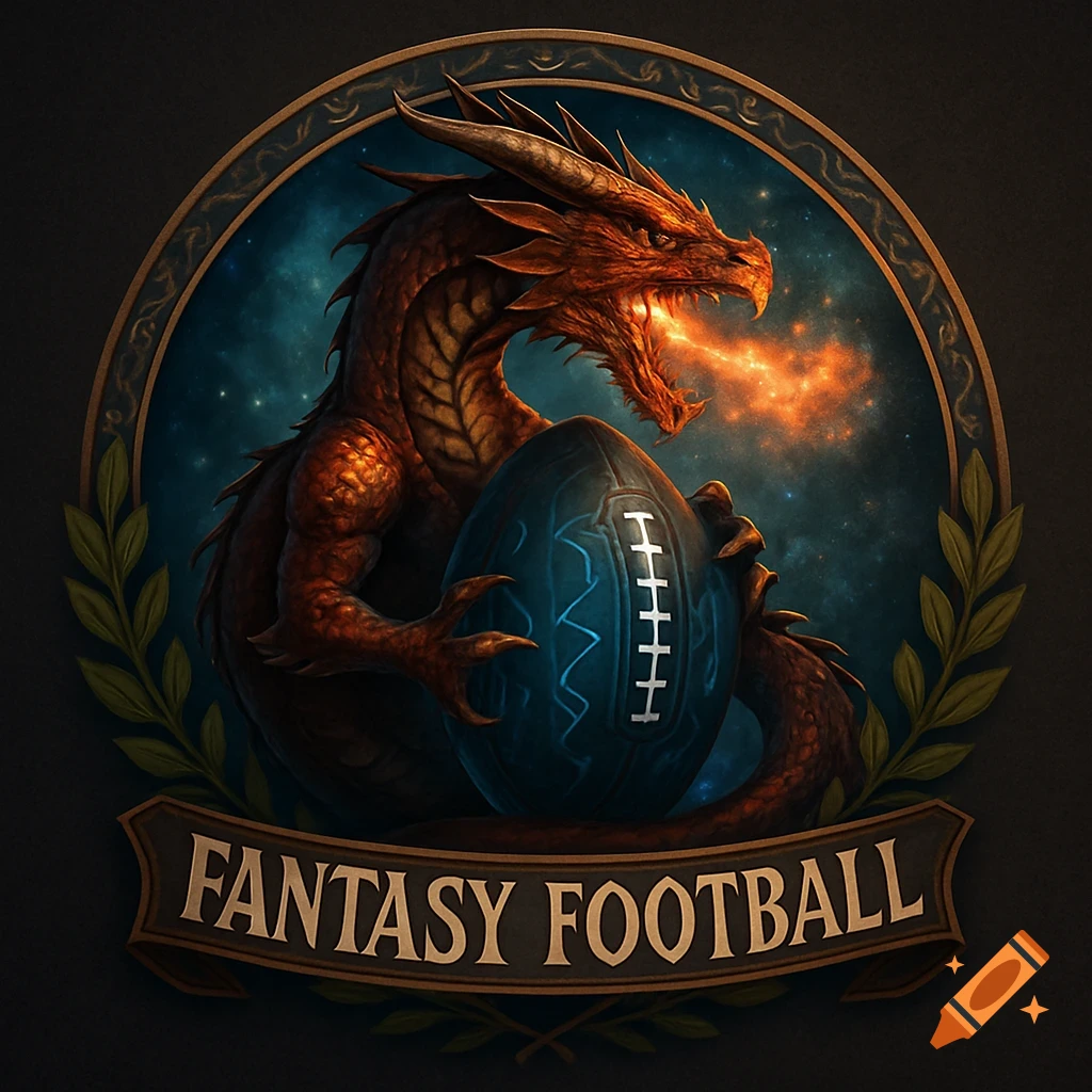 A fiery red dragon grips a blue American football within an ornate circular emblem, with a banner below reading 'FANTASY FOOTBALL'.