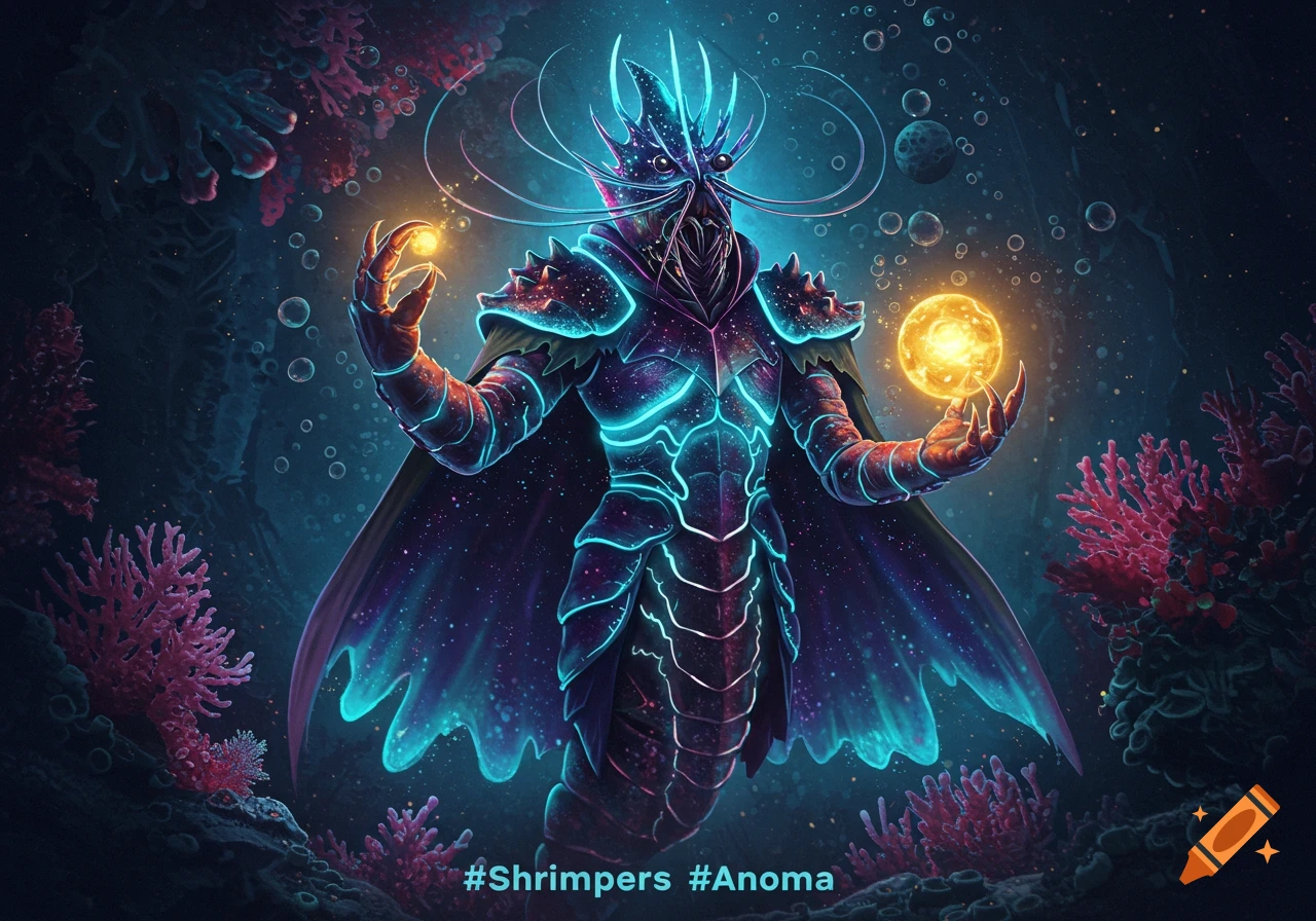 A cosmic shrimp-like guardian with glowing blue and purple armor holds two glowing orbs in a surreal underwater and space setting.