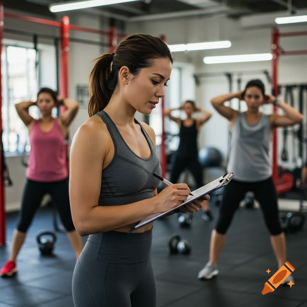 A female exercise physiologist takes notes on a clipboard while two other women perform exercises in a gym.