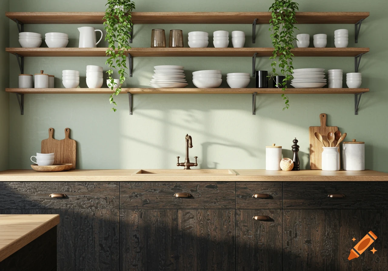 A photorealistic kitchen with dark wood lower cabinets, a light wood countertop, open shelving, and sage green walls.