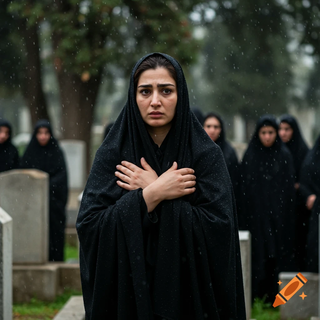 A distraught woman in a black chador stands with crossed arms in a rainy cemetery, with blurred figures and tombstones in the background. Photorealistic style.