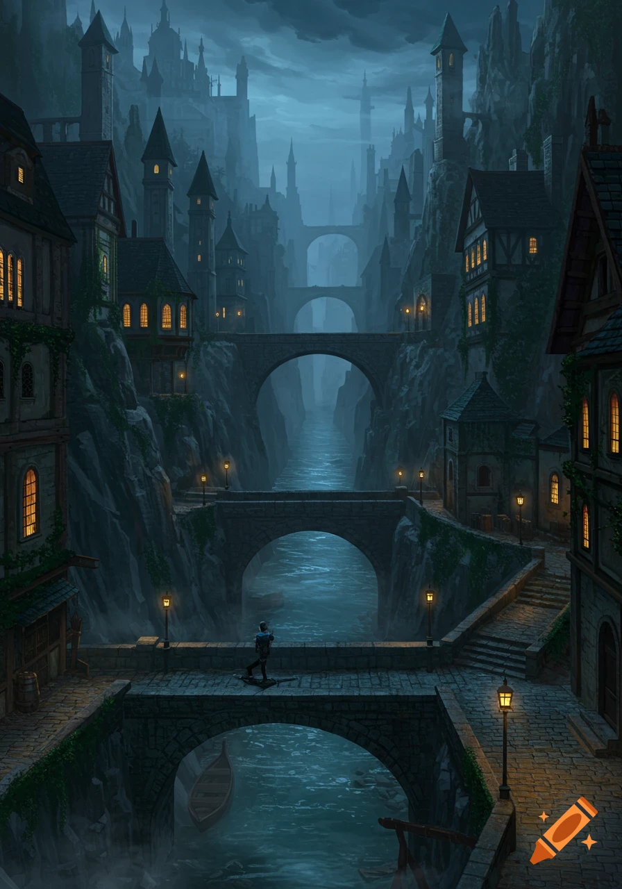 A dark, moody fantasy city built into cliffs along a river with arched bridges and glowing windows at night. A lone figure stands on a bridge.