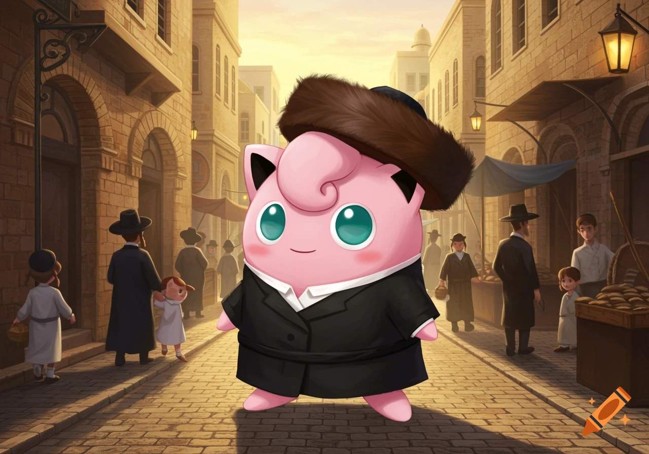Jigglypuff dressed in a black suit and a fur shtreimel hat stands on a cobblestone street in a historical Jewish quarter.