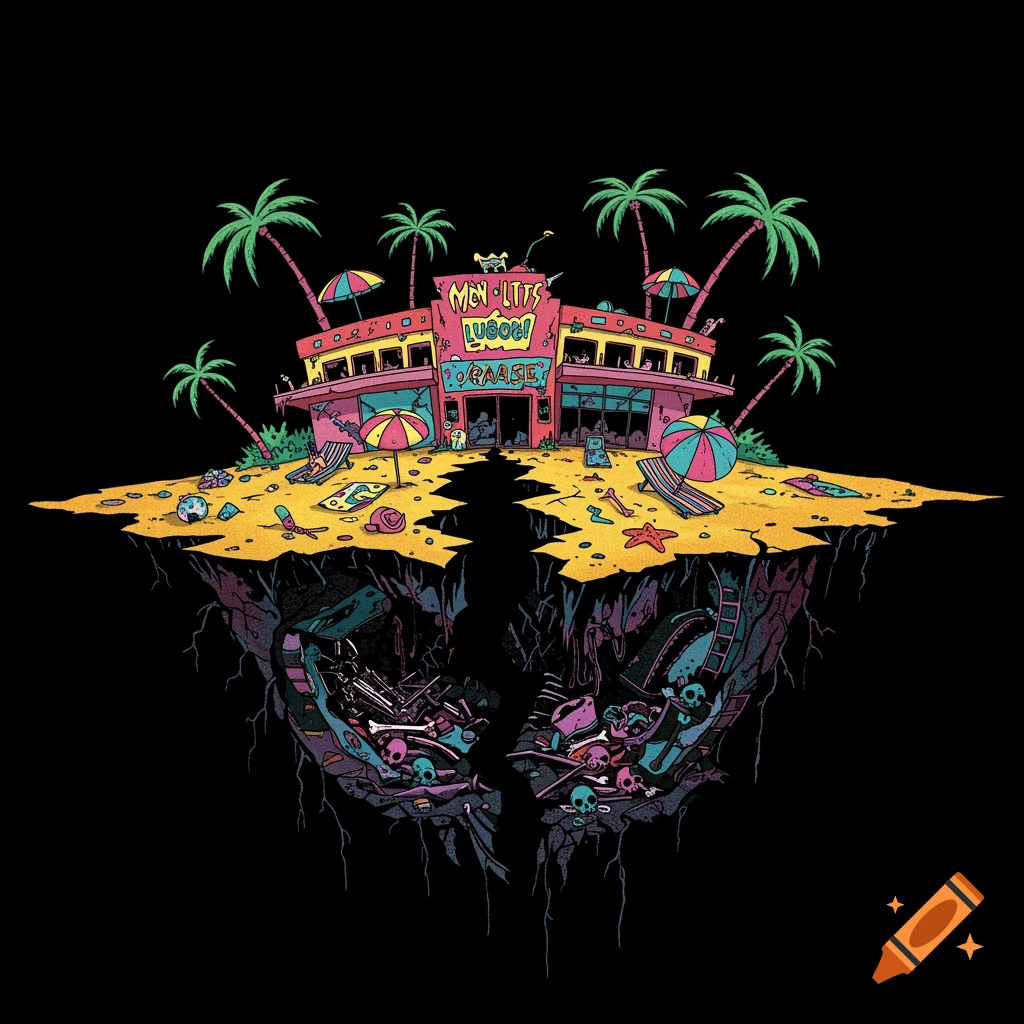 Cartoonish island resort with palm trees cracked open to reveal bones, skulls, and ruins underneath. Bright colors on a black background.