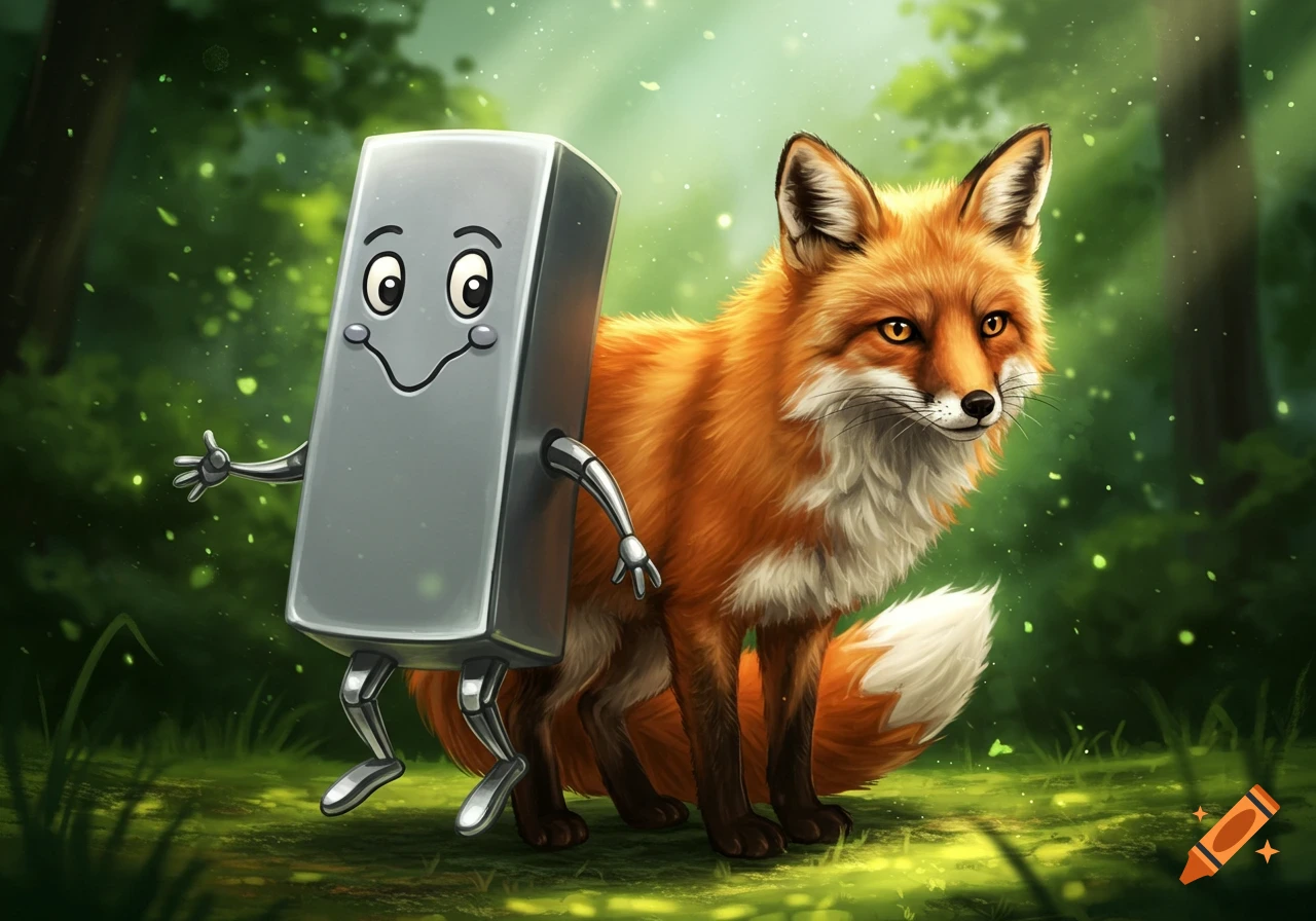 An illustration of a metallic rectangular character with a happy face and robot limbs standing next to a red fox in a forest.